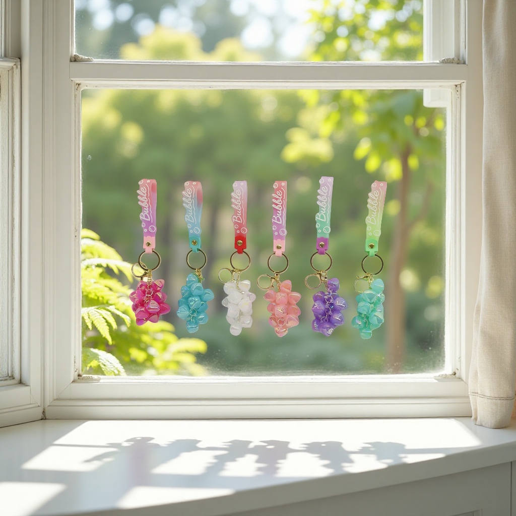 Six colorful grape-shaped keychains with gradient Bubble pendants and beaded grape pendants details Picture