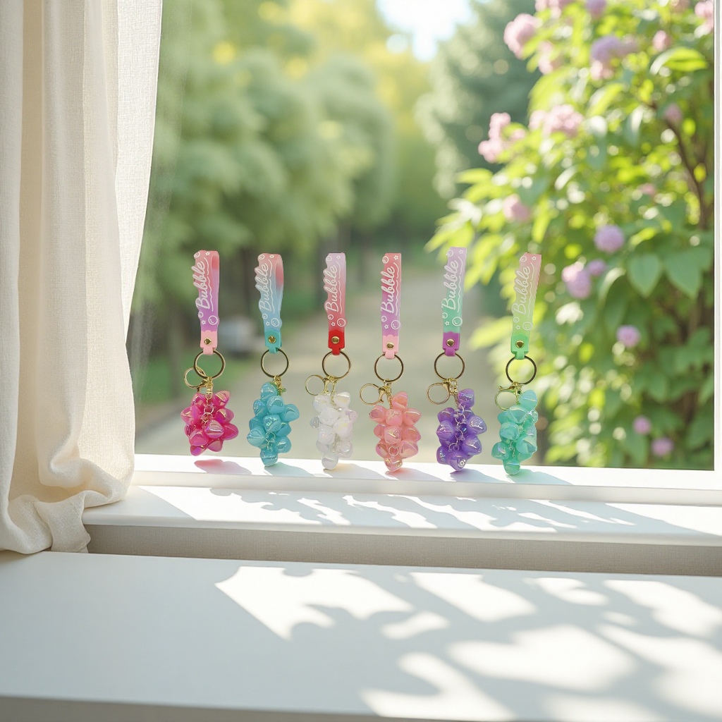 Six colorful grape-shaped keychains with gradient Bubble pendants and beaded grape pendants