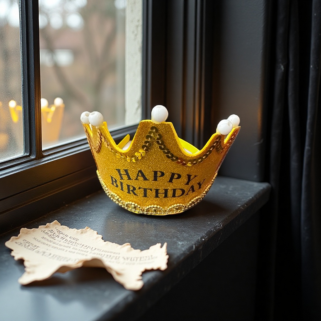 Golden shining BIRTHDAY crown, HAPPY BIRTHDAY, white beads, golden chain details Picture