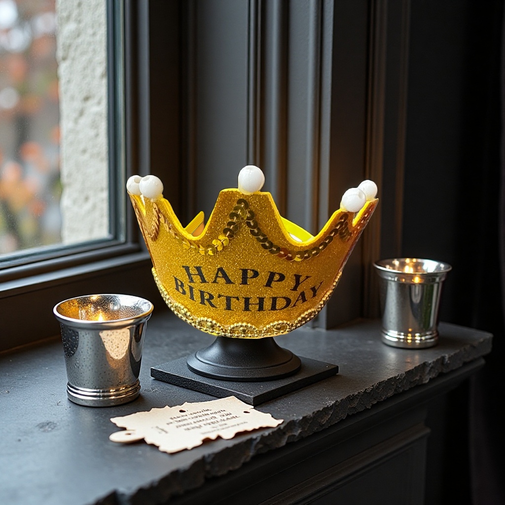 Golden shining BIRTHDAY crown, HAPPY BIRTHDAY, white beads, golden chain