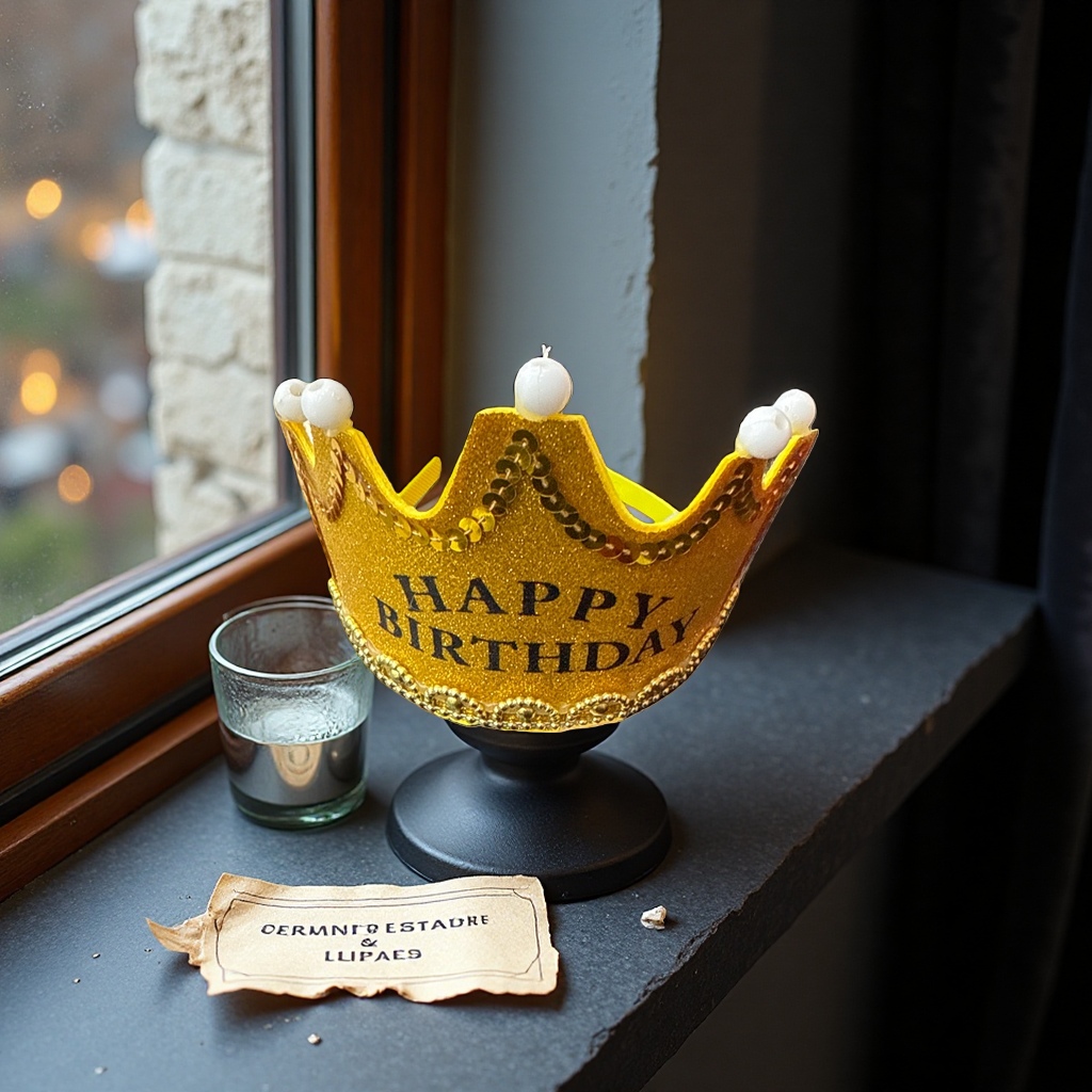 Golden shining BIRTHDAY crown, HAPPY BIRTHDAY, white beads, golden chain Specification image