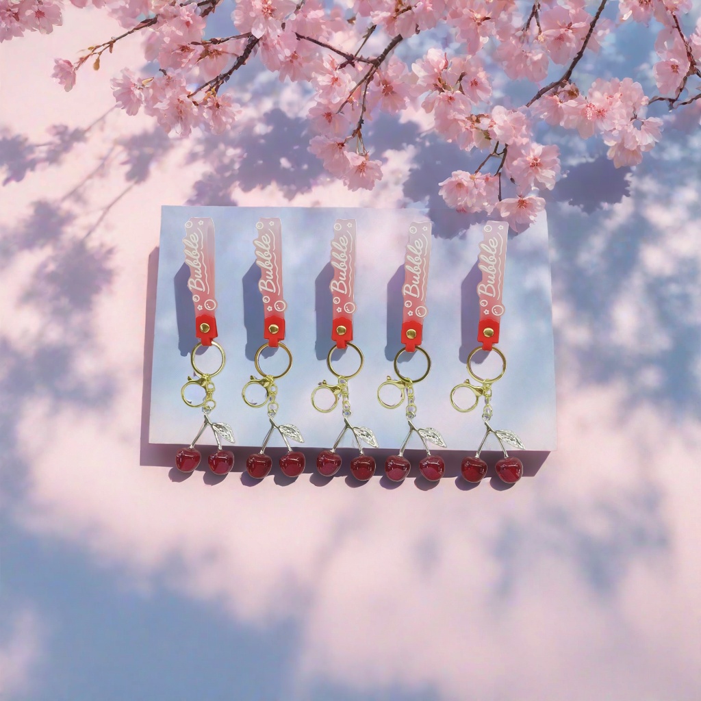 Pink gradient cherry keychain, soft PVC material, suitable for both car bags and hanging details Picture