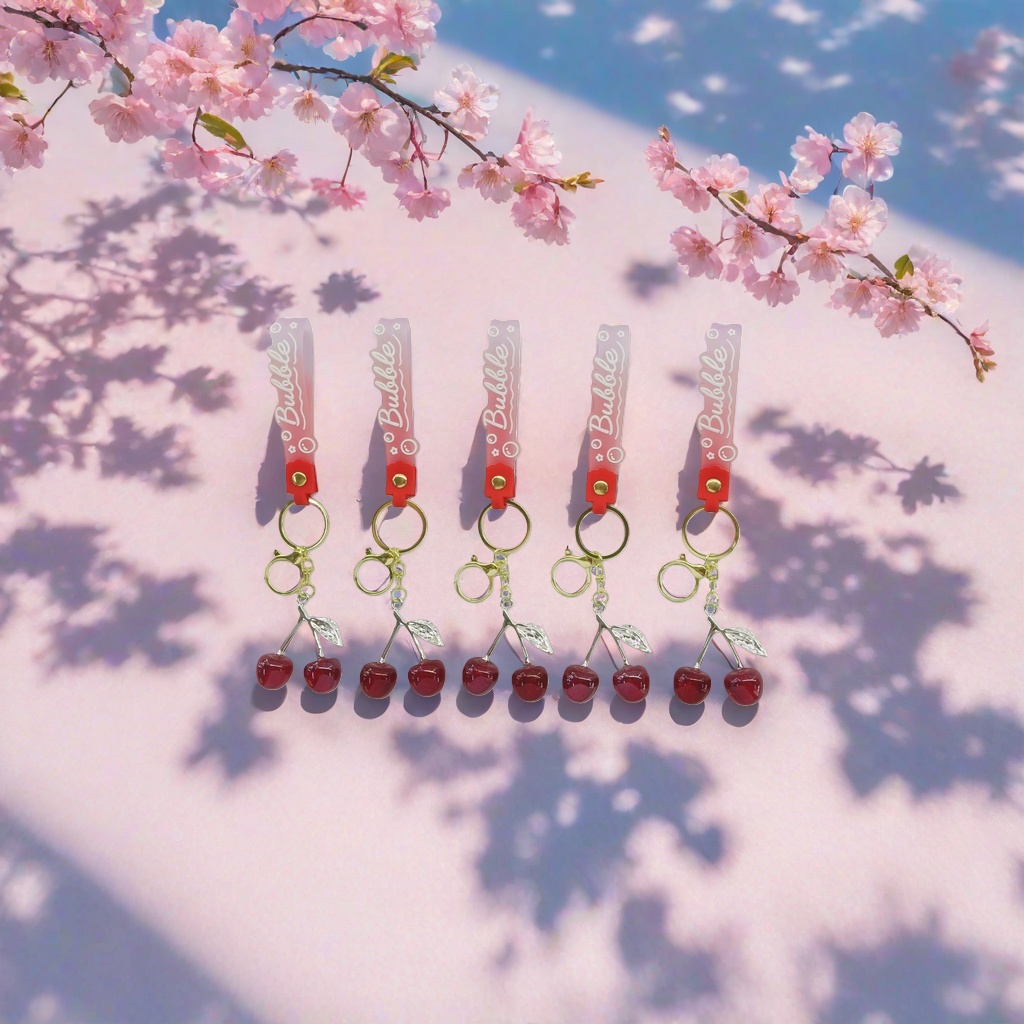 Pink gradient cherry keychain, soft PVC material, suitable for both car bags and hanging Application Scenario