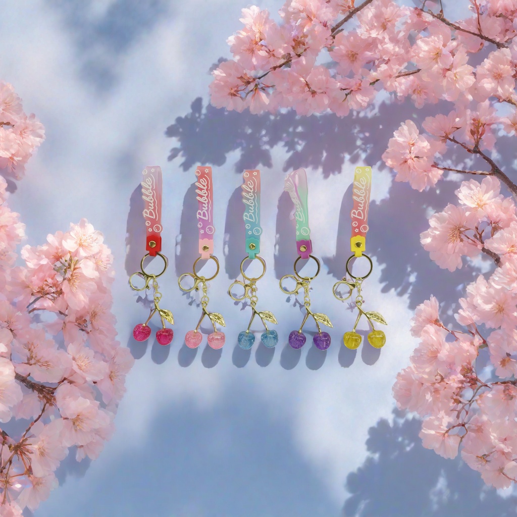 Colorful gradient lanyard cherry keychain, fashionable, cute and portable pendant details Picture