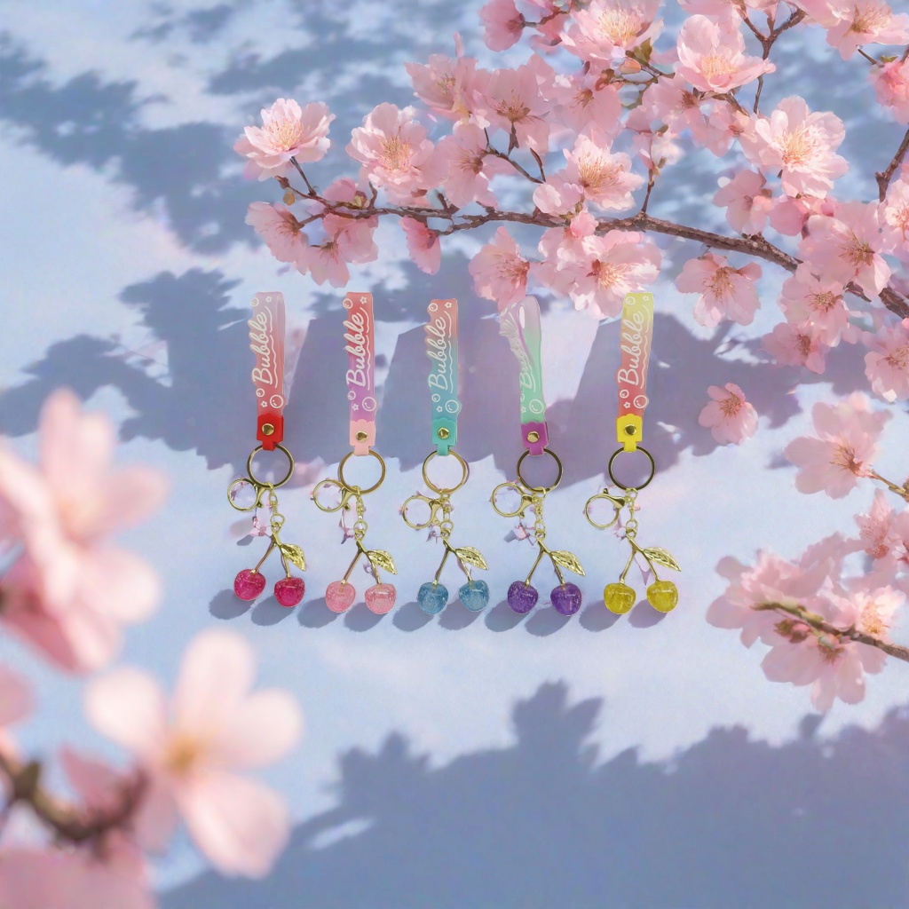 Colorful gradient lanyard cherry keychain, fashionable, cute and portable pendant Specification image