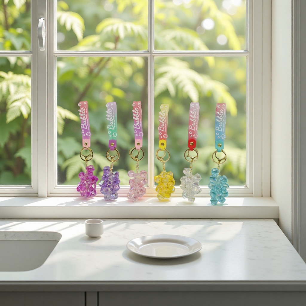 Colorful crystal bear keychain Bubble label six-color transparent bear pendant details Picture