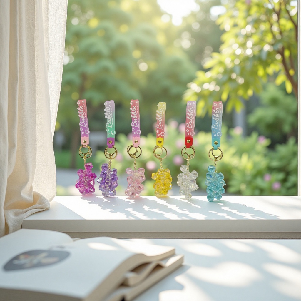 Colorful crystal bear keychain Bubble label six-color transparent bear pendant