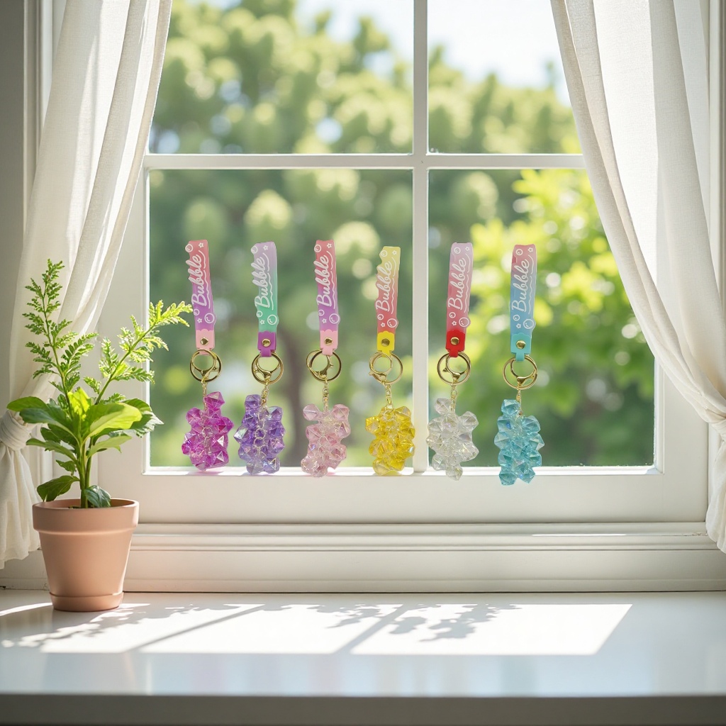 Colorful crystal bear keychain Bubble label six-color transparent bear pendant Application Scenario