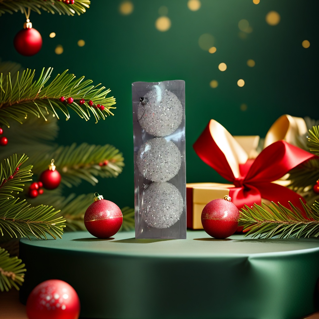 Transparent packaging box with three silver glitter decorative balls gift box, DIY decoration by hand details Picture