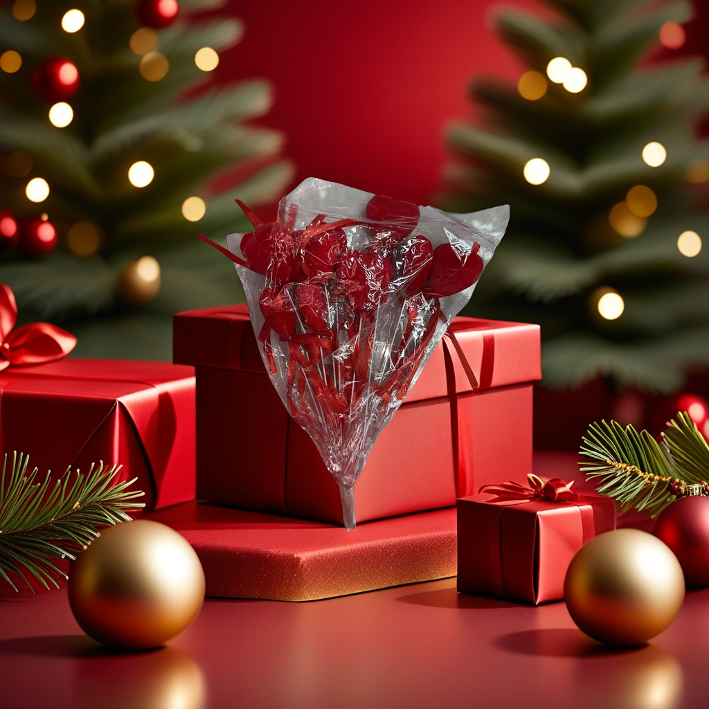 Red heart-shaped candy bouquets, Christmas atmosphere decorations, Christmas balls, Christmas decorations