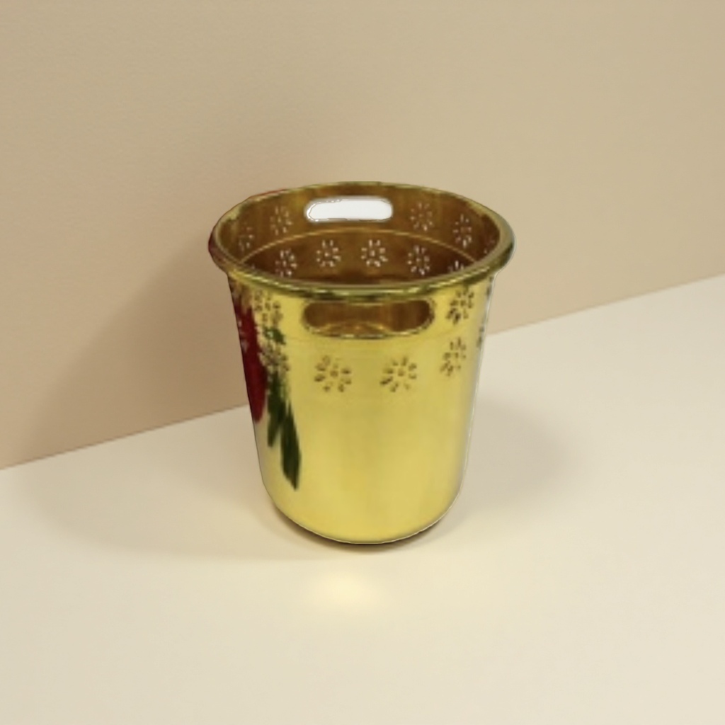 红色花艺装饰套装 红色花盆配金色镂空花盆带绿色叶子