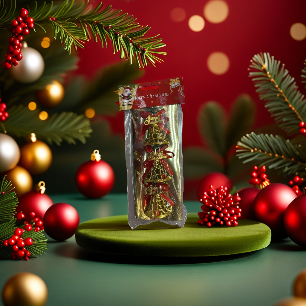 Golden bell ornaments, Christmas tree decorations, metallic texture, festive atmosphere Application Scenario