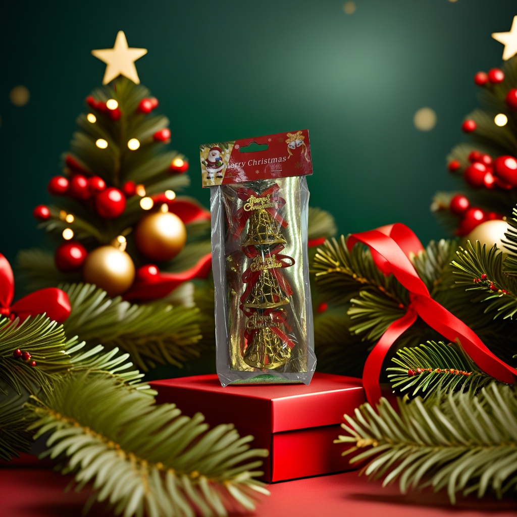 Golden bell ornaments, Christmas tree decorations, metallic texture, festive atmosphere Specification image