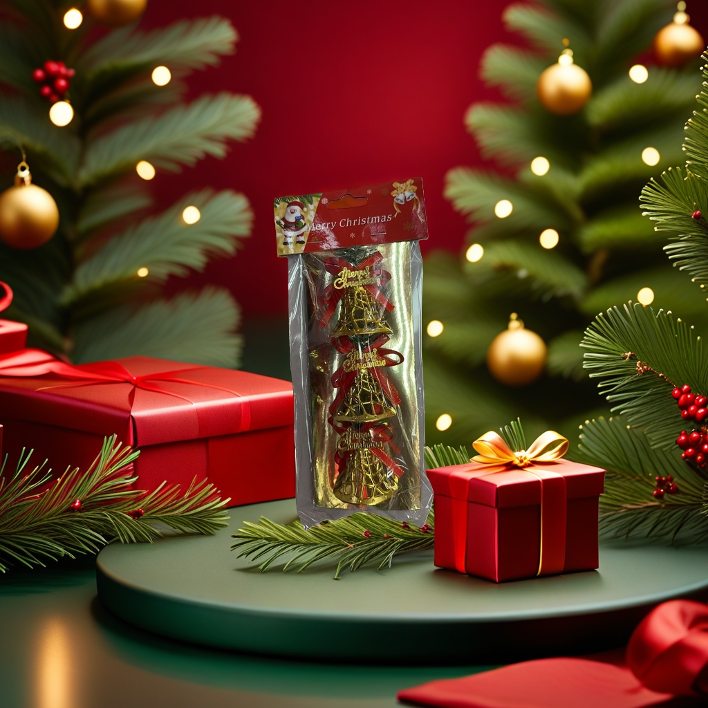 Golden bell ornaments, Christmas tree decorations, metallic texture, festive atmosphere