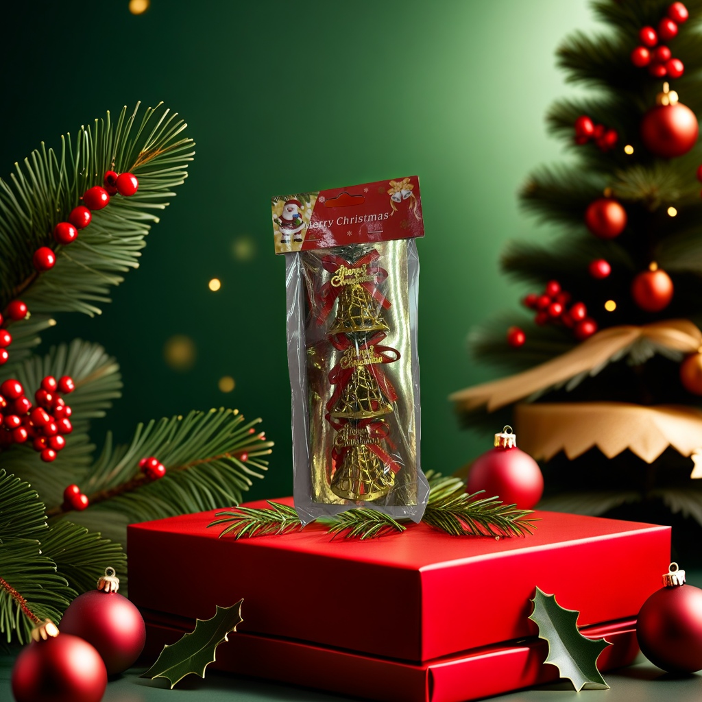 Golden bell ornaments, Christmas tree decorations, metallic texture, festive atmosphere details Picture