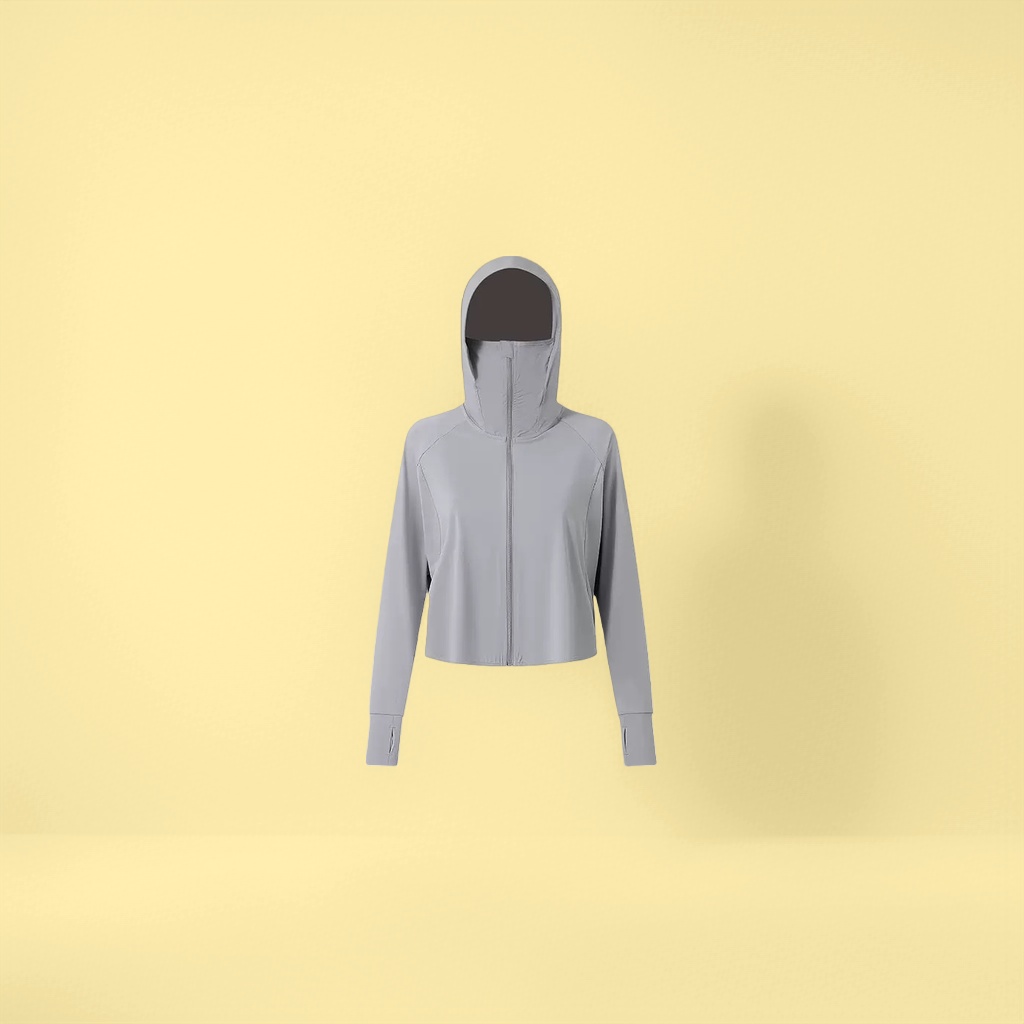 Light grey sun-protective clothing for women in summer is light, breathable with UPF50+ UV protection details Picture