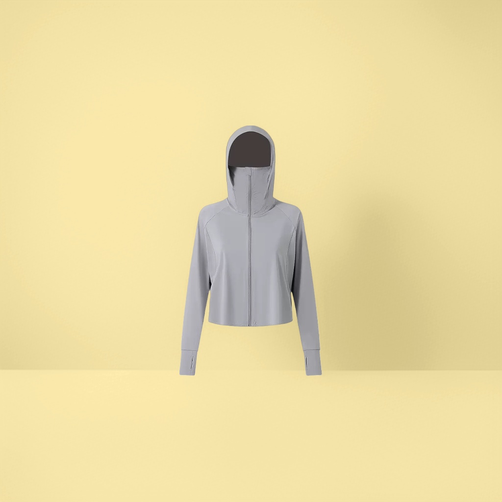 Light grey sun-protective clothing for women in summer is light, breathable with UPF50+ UV protection