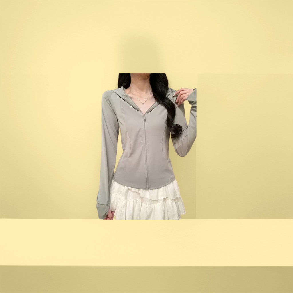 A casual and versatile long-sleeved white hooded zipper sun-protective jacket for ladies details Picture