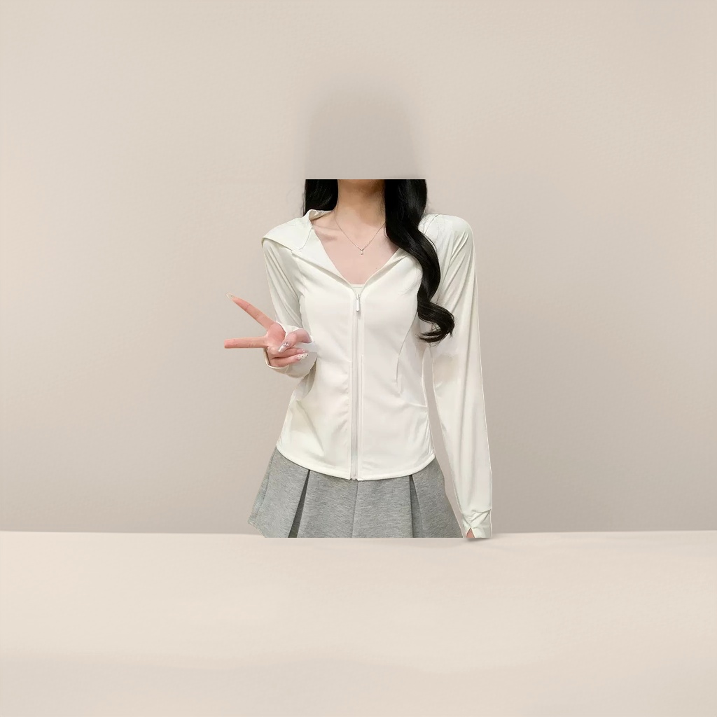 A casual and versatile long-sleeved white hooded zipper sun-protective jacket for ladies Specification image