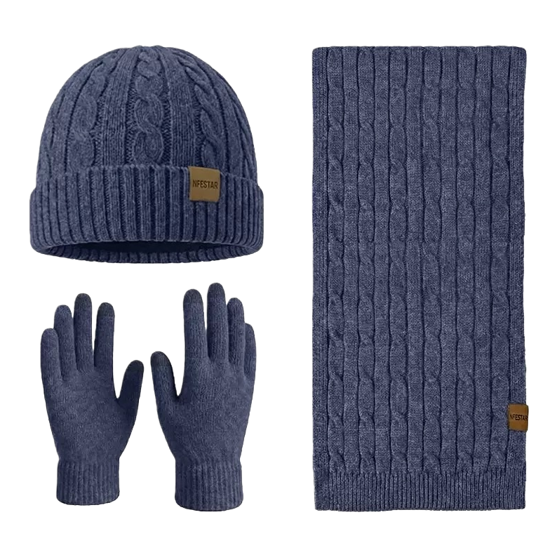 A three-piece set of dark blue knitted hat, scarf and gloves for warm autumn and winter accessories Item Picture