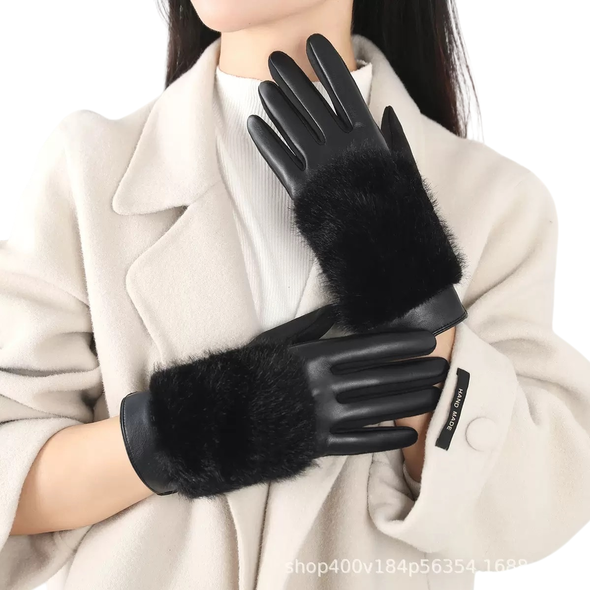 Fur and leather integrated warm gloves for women, thickened cold-proof sheepskin plush back for autumn and winter Item Picture