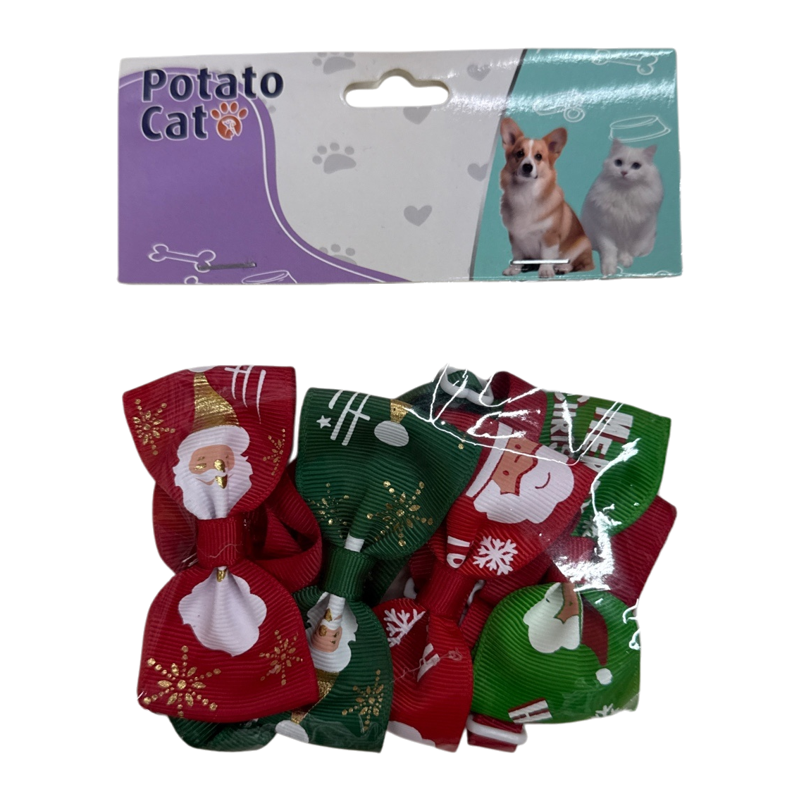 The Christmas-themed pet bow hair accessory can be adjusted in tightness to fit cats and dogs Item Picture