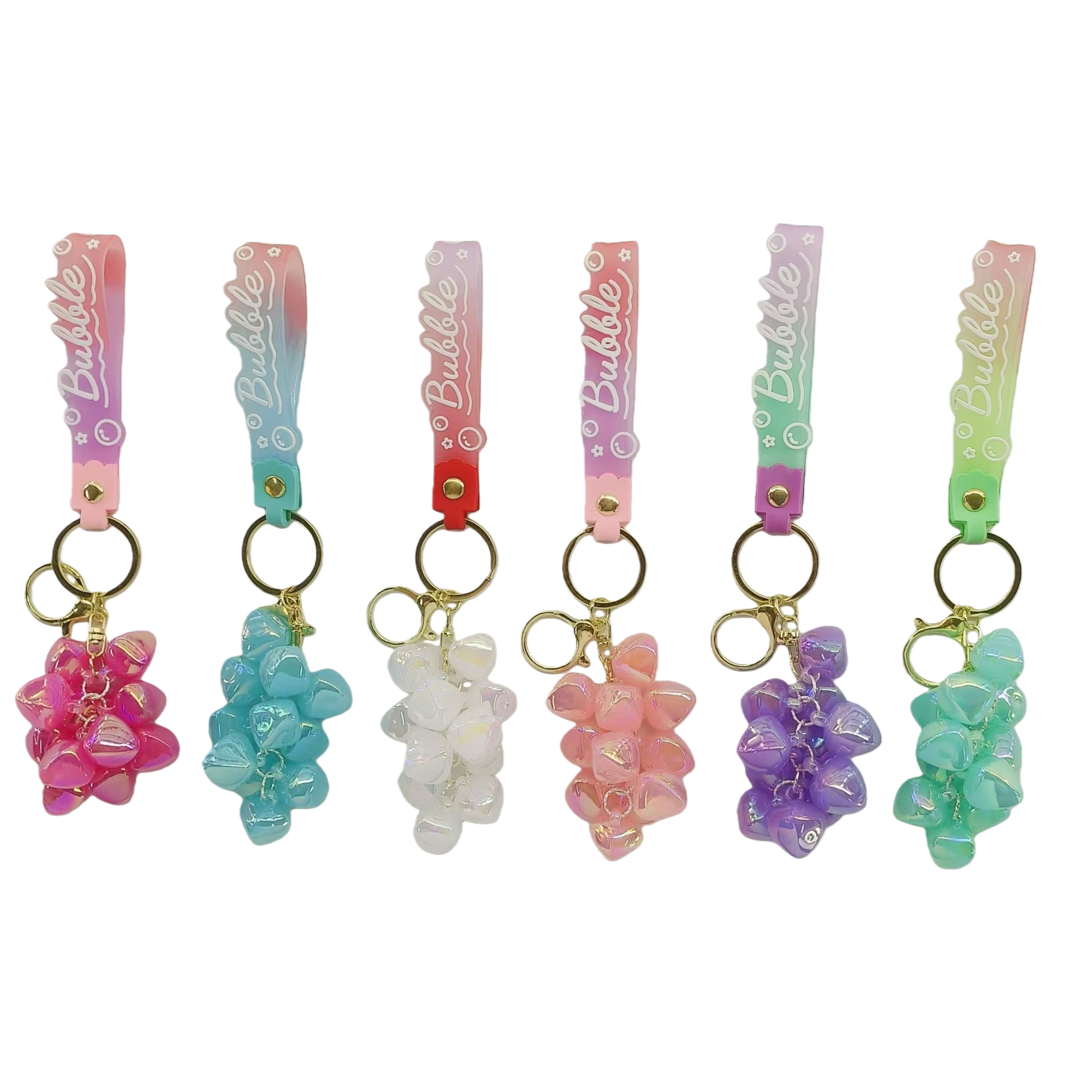 Six colorful grape-shaped keychains with gradient Bubble pendants and beaded grape pendants Item Picture