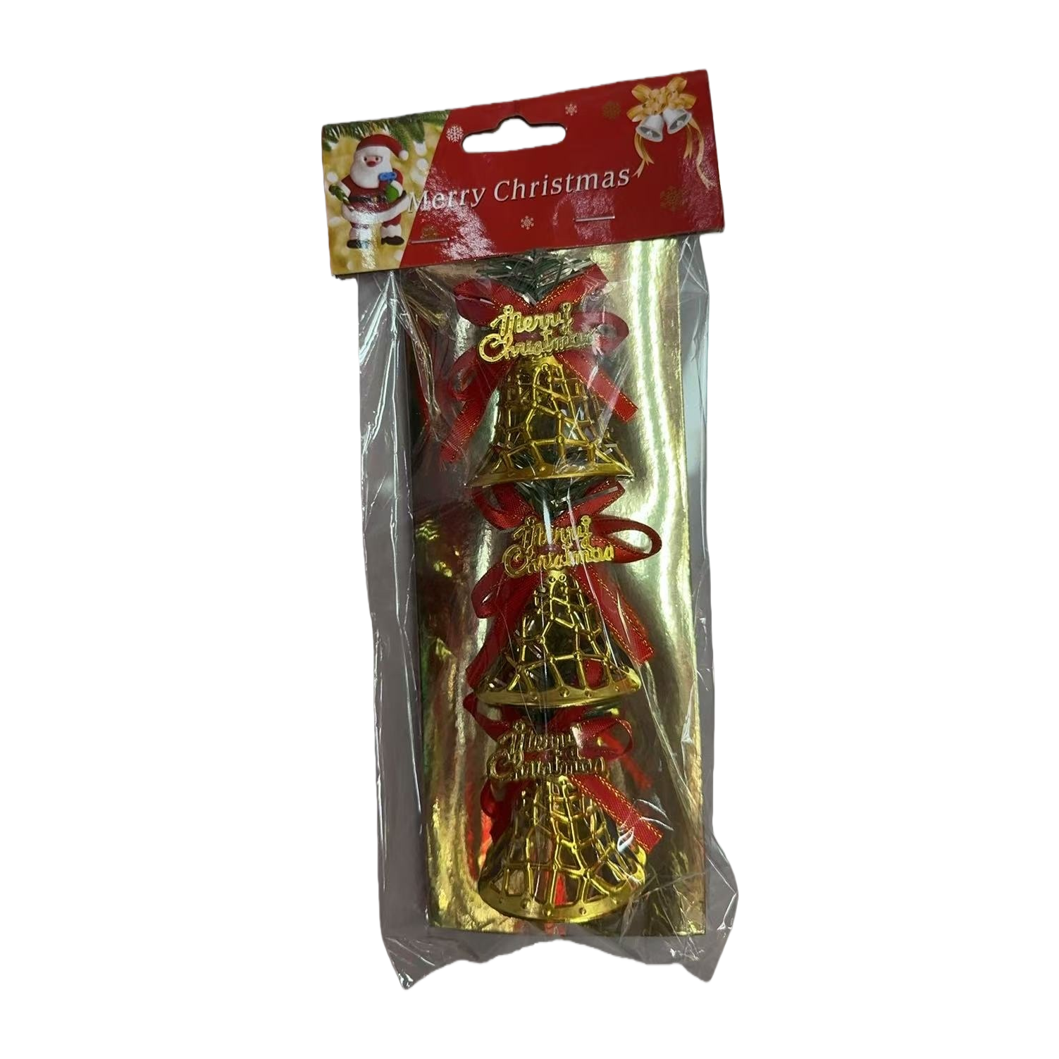 Golden bell ornaments, Christmas tree decorations, metallic texture, festive atmosphere Item Picture