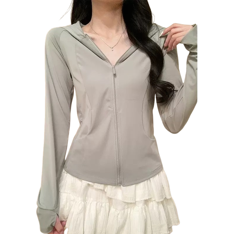 A casual and versatile long-sleeved white hooded zipper sun-protective jacket for ladies Item Picture