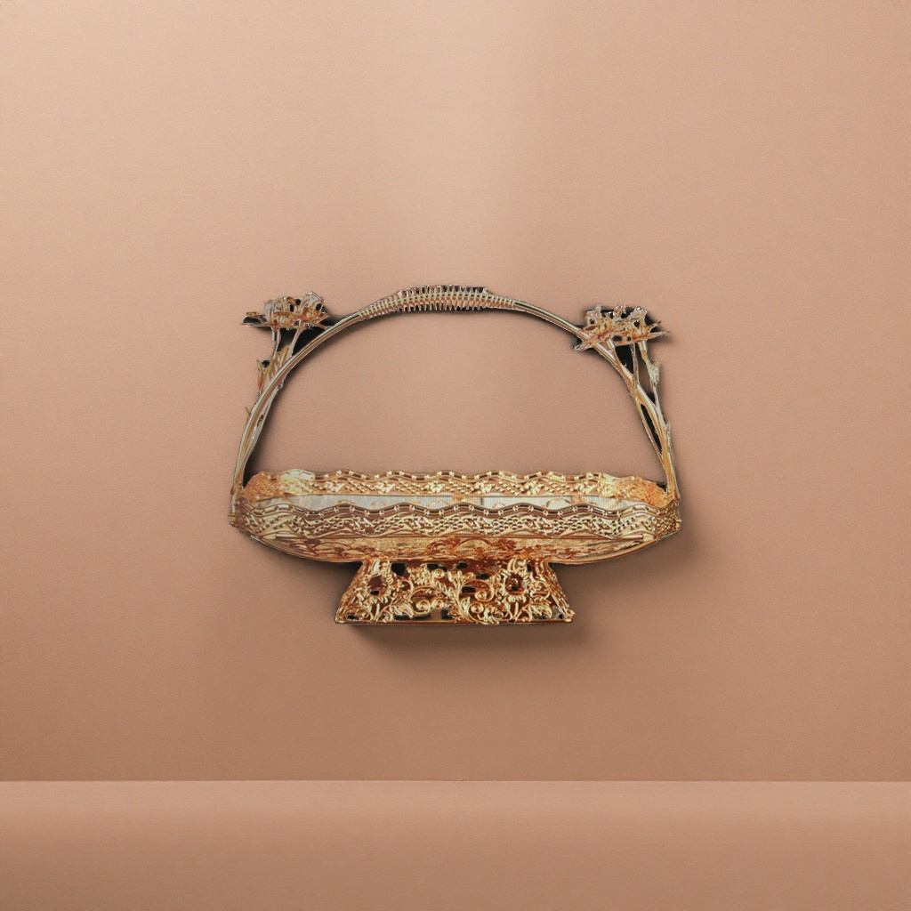 金色镂空雕花果盘 家居客厅水果盘 高端大气摆件