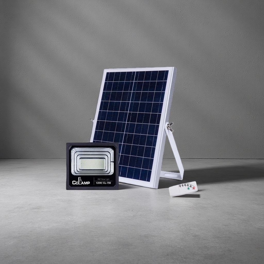 The solar lamp includes a solar panel, an LED lamp head and a remote control Specification image