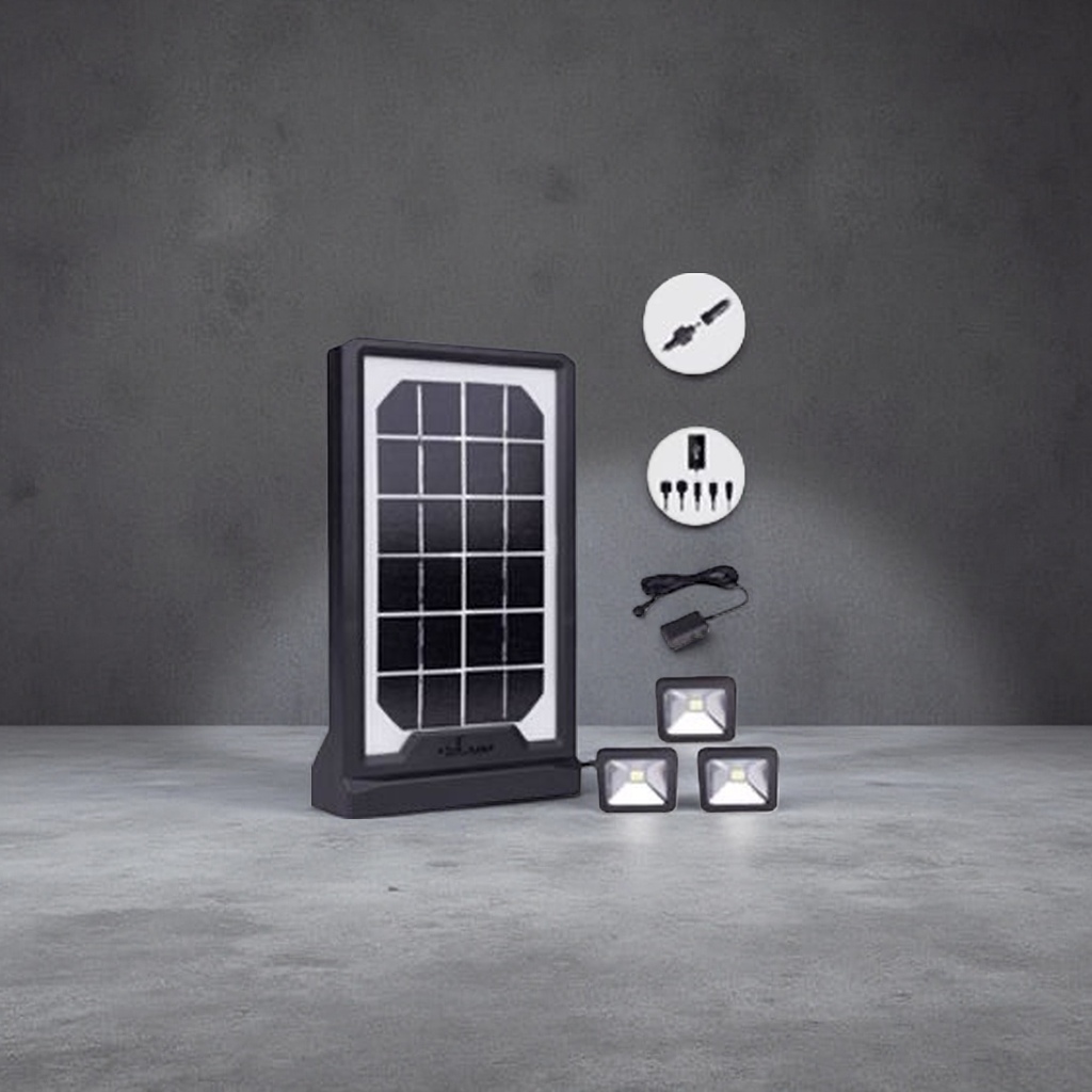 Solar light strips, solar panels and three LED lamp heads for outdoor courtyard lighting waterproofing