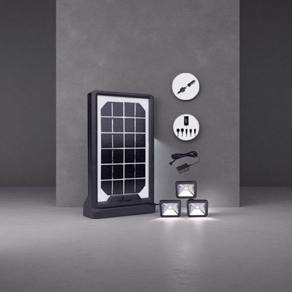 Solar light strips, solar panels and three LED lamp heads for outdoor courtyard lighting waterproofing details Picture