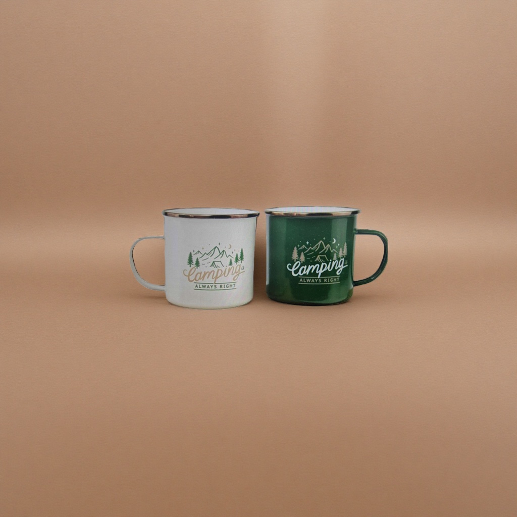 Outdoor Camping style metal enamel cup Couple style 17-ounce Camping Always Right white and green double cups Application Scenario