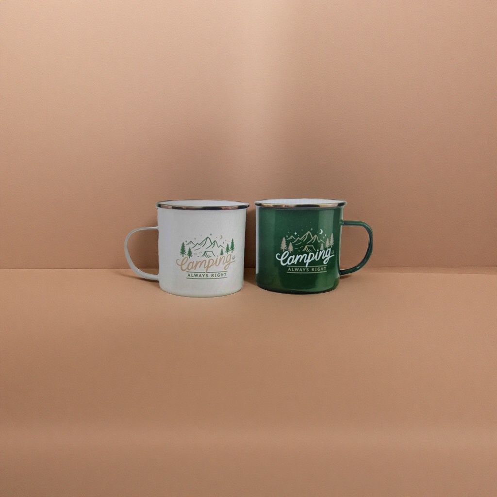 Outdoor Camping style metal enamel cup Couple style 17-ounce Camping Always Right white and green double cups Specification image