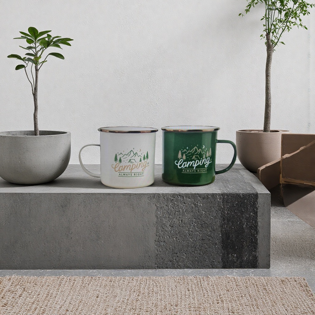 Outdoor Camping style metal enamel cup Couple style 17-ounce Camping Always Right white and green double cups details Picture