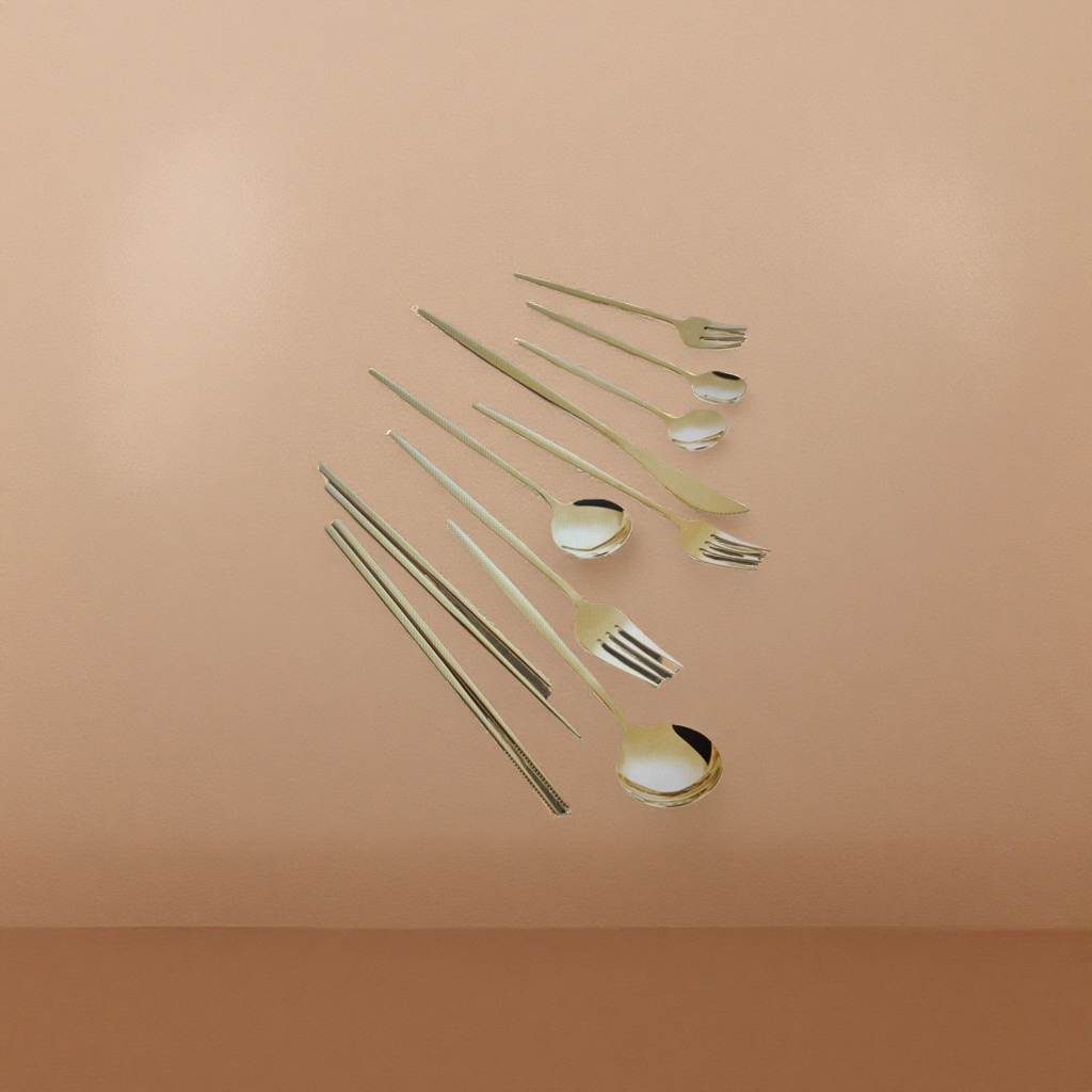 Gold tableware set, four-piece set of knives, forks, spoons and chopsticks, high-end stainless steel, suitable for home Western cuisine Specification image