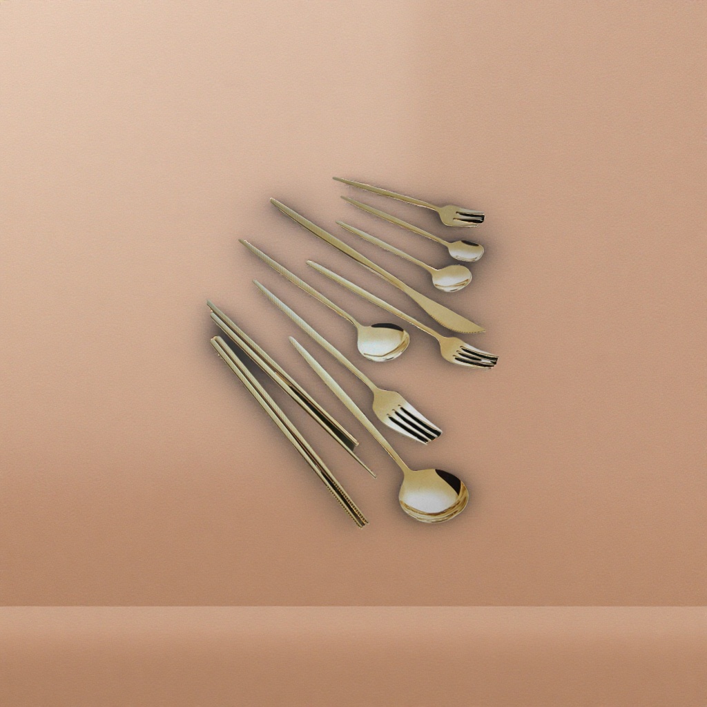 Gold tableware set, four-piece set of knives, forks, spoons and chopsticks, high-end stainless steel, suitable for home Western cuisine