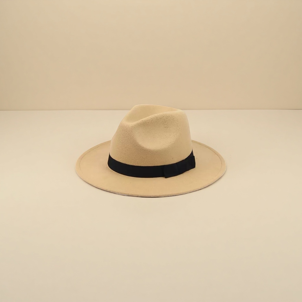 A beige top hat is an elegant wide-brimmed sun hat for ladies Specification image
