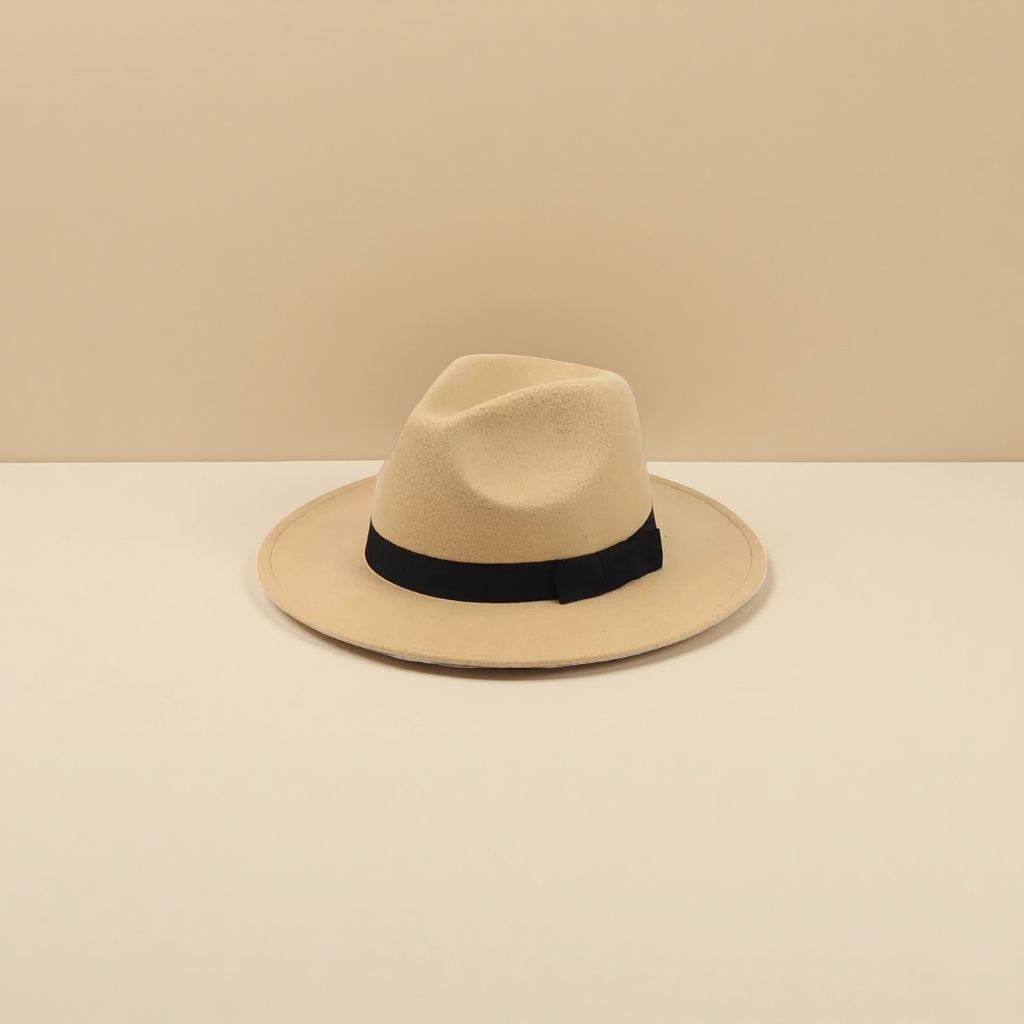 A beige top hat is an elegant wide-brimmed sun hat for ladies