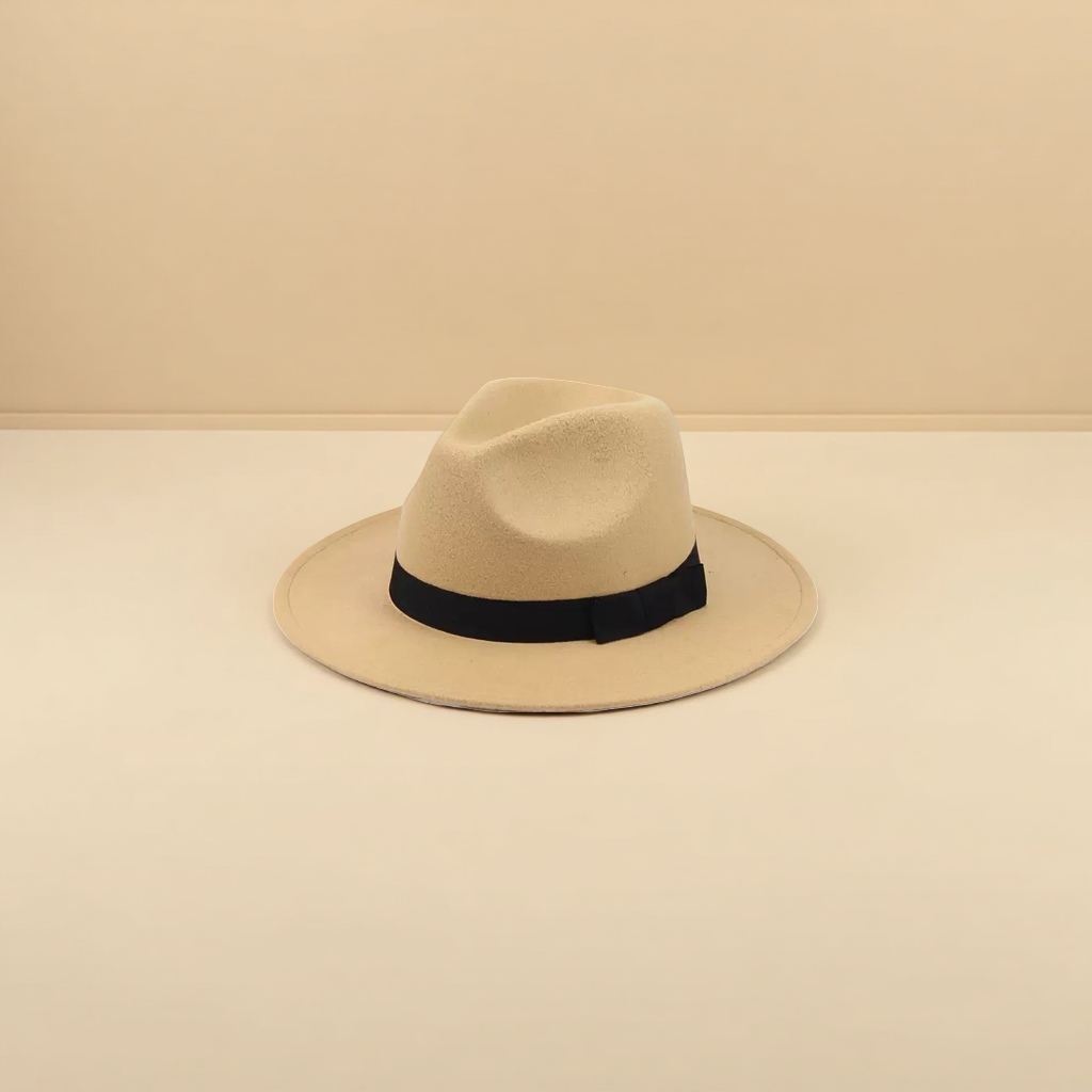 A beige top hat is an elegant wide-brimmed sun hat for ladies Application Scenario