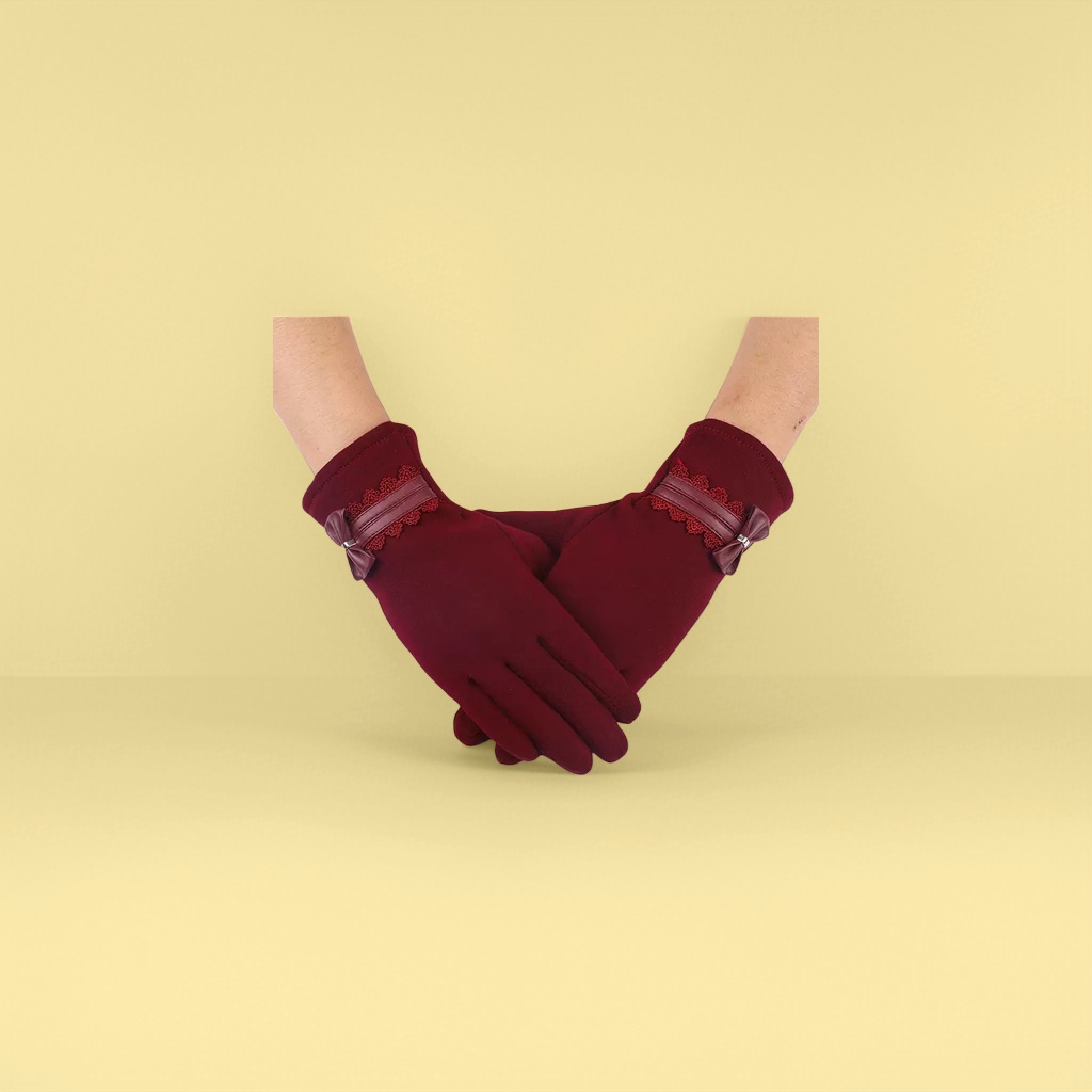 Wine-red warm knitted gloves for women details Picture