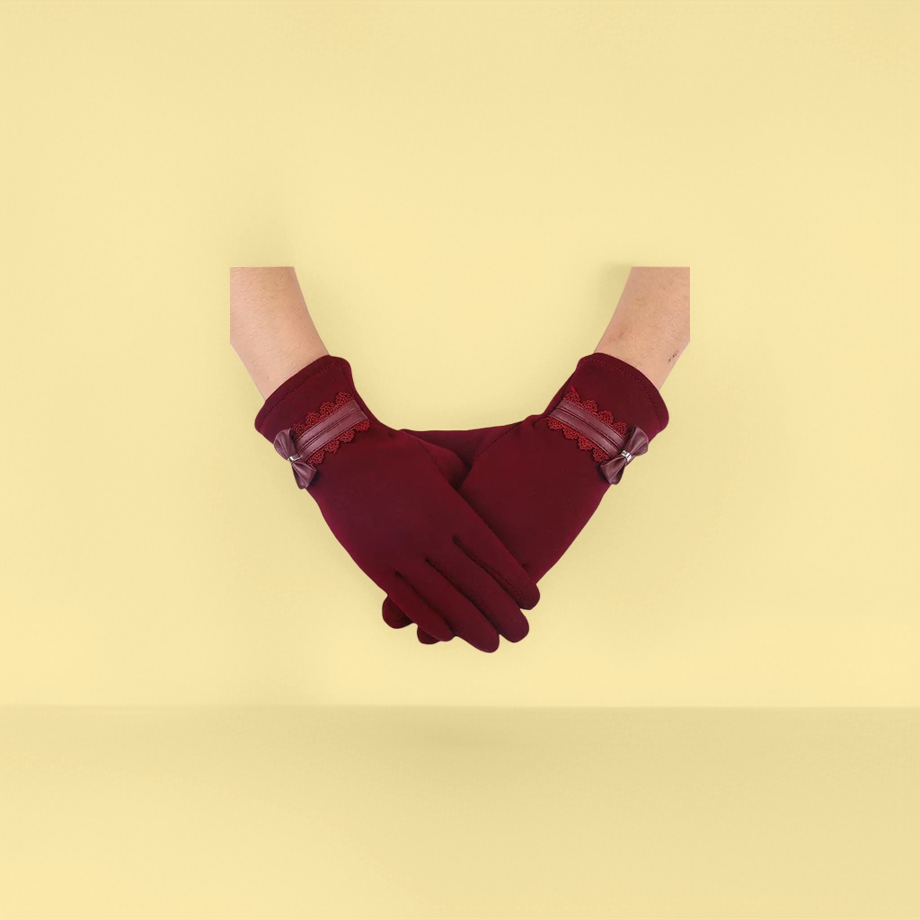 Wine-red warm knitted gloves for women