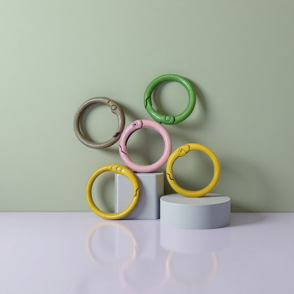 Five colored metal rings in green, pink, yellow and silver with a light background Application Scenario