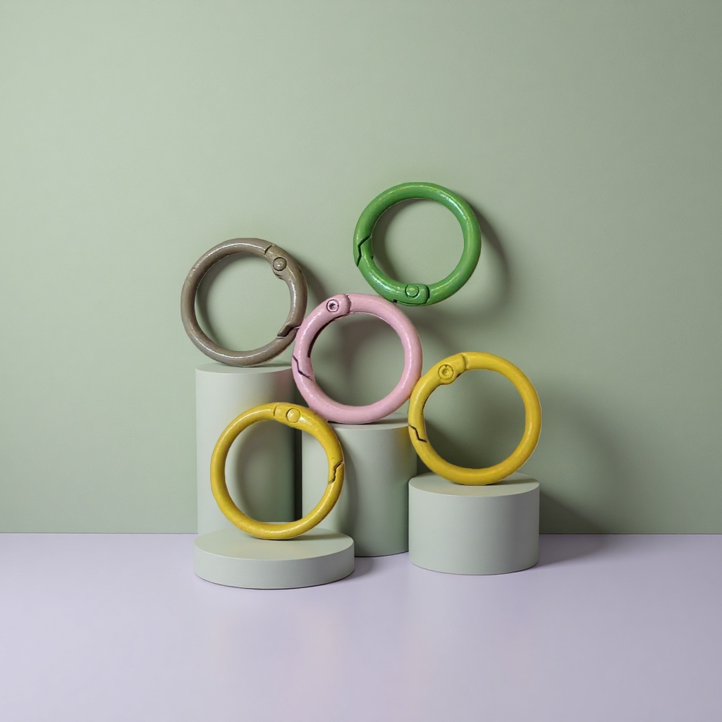 Five colored metal rings in green, pink, yellow and silver with a light background Specification image