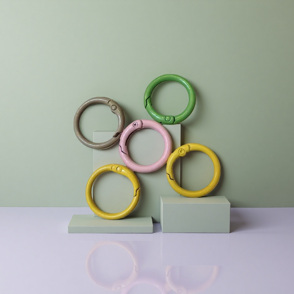 Five colored metal rings in green, pink, yellow and silver with a light background