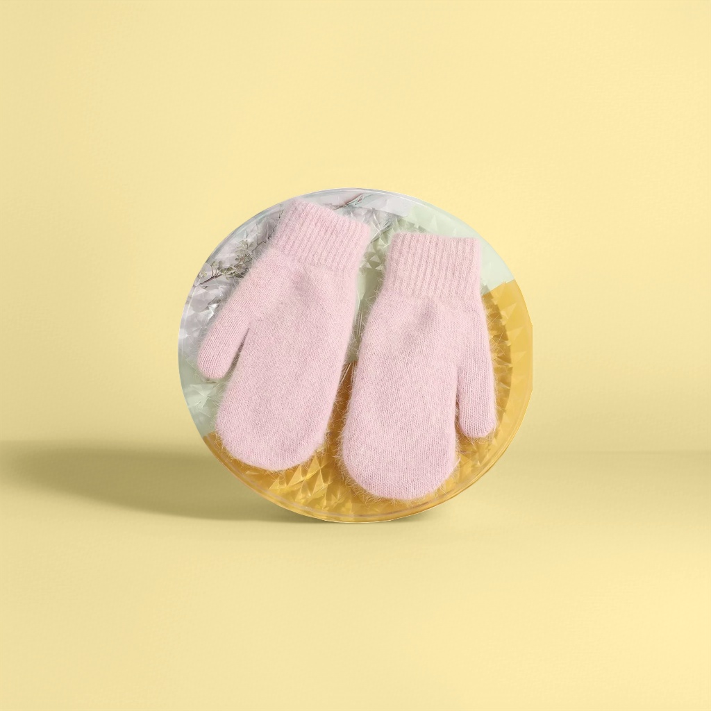 Pink knitted gloves, children's warm and anti-slip woolen gloves for autumn and winter