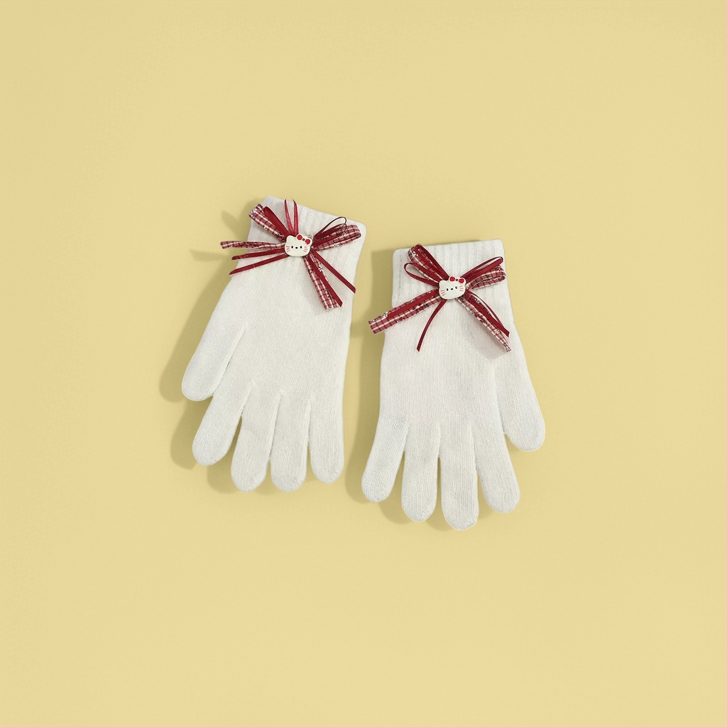 White woolen gloves for warmth and cold protection, thickened knitted for women in autumn and winter