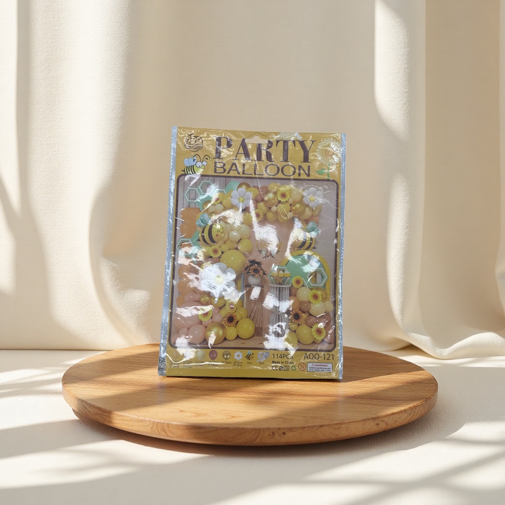 Bee flower-themed party balloon decoration set: yellow, white and brown balloons with honeycomb stickers