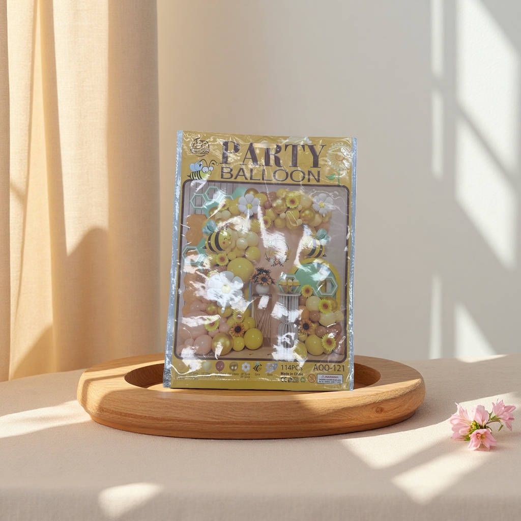 Bee flower-themed party balloon decoration set: yellow, white and brown balloons with honeycomb stickers details Picture